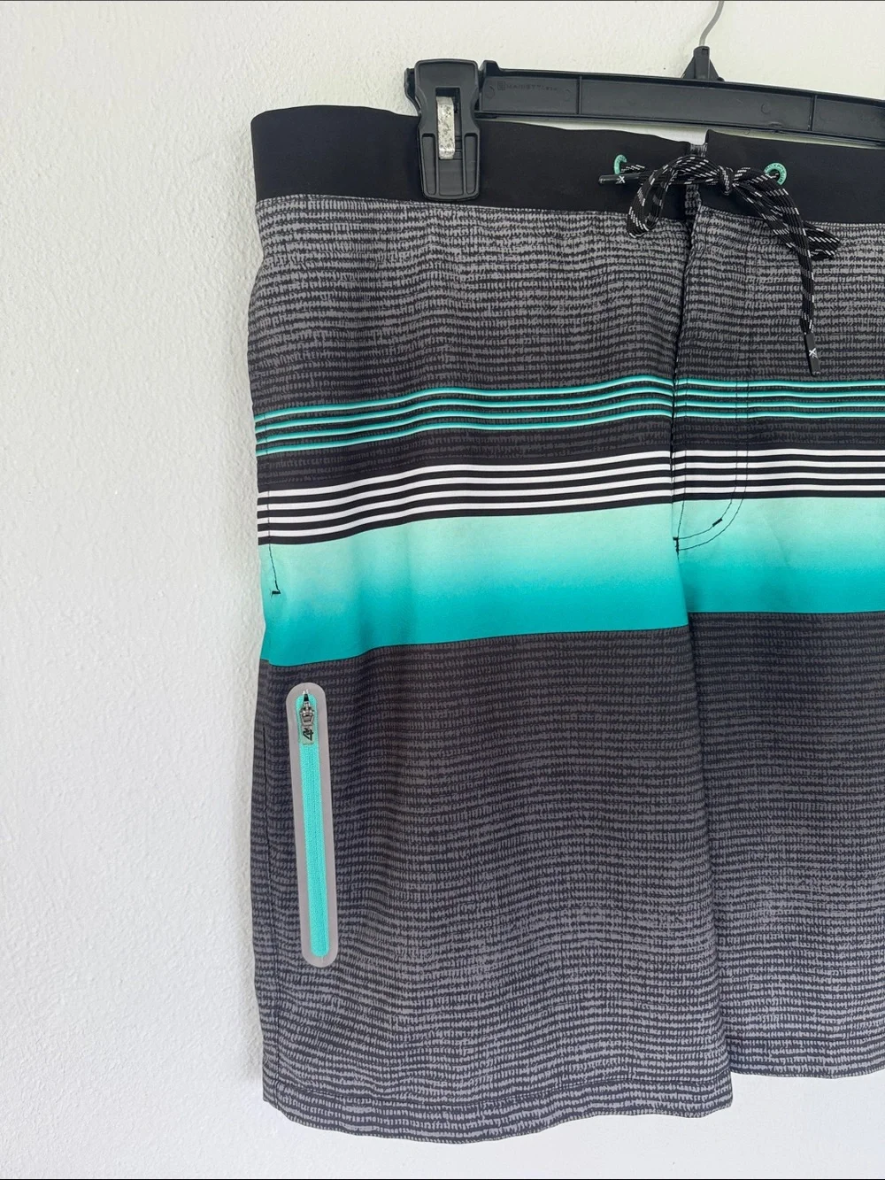 ZEROXPOSUR men’s gray teal stripe print swim shorts size large